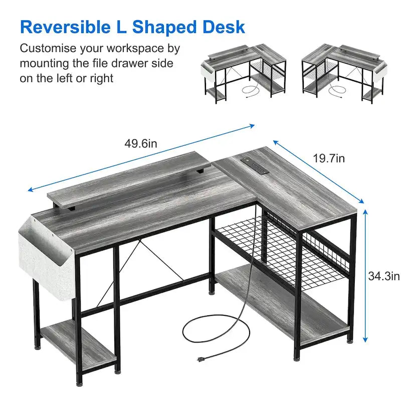 Bureau d'angle moderne avec prises de courant et éclairage LED