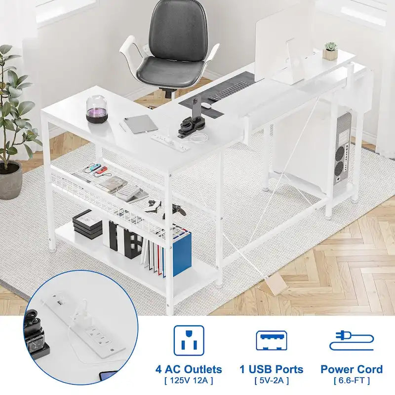 Bureau d'angle moderne avec prises de courant et éclairage LED