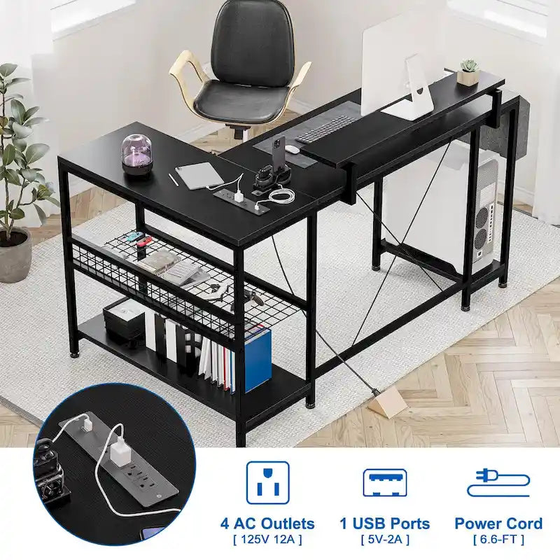 Bureau d'angle moderne avec prises de courant et éclairage LED