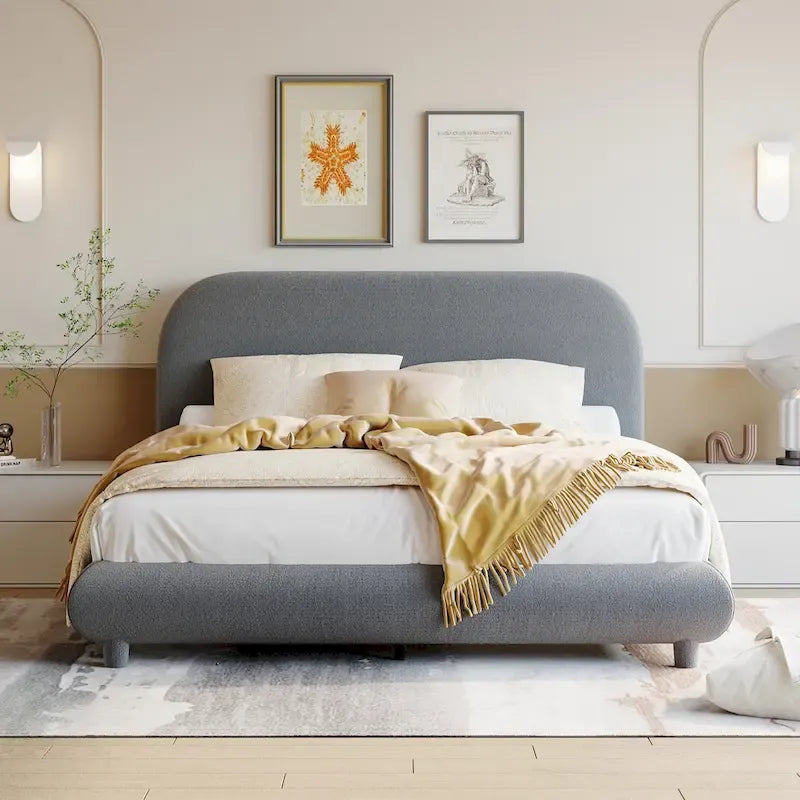 Lit plateforme rembourré pleine grandeur en molleton Teddy avec tissu épais, cadre solide et design élégant en forme de courbe