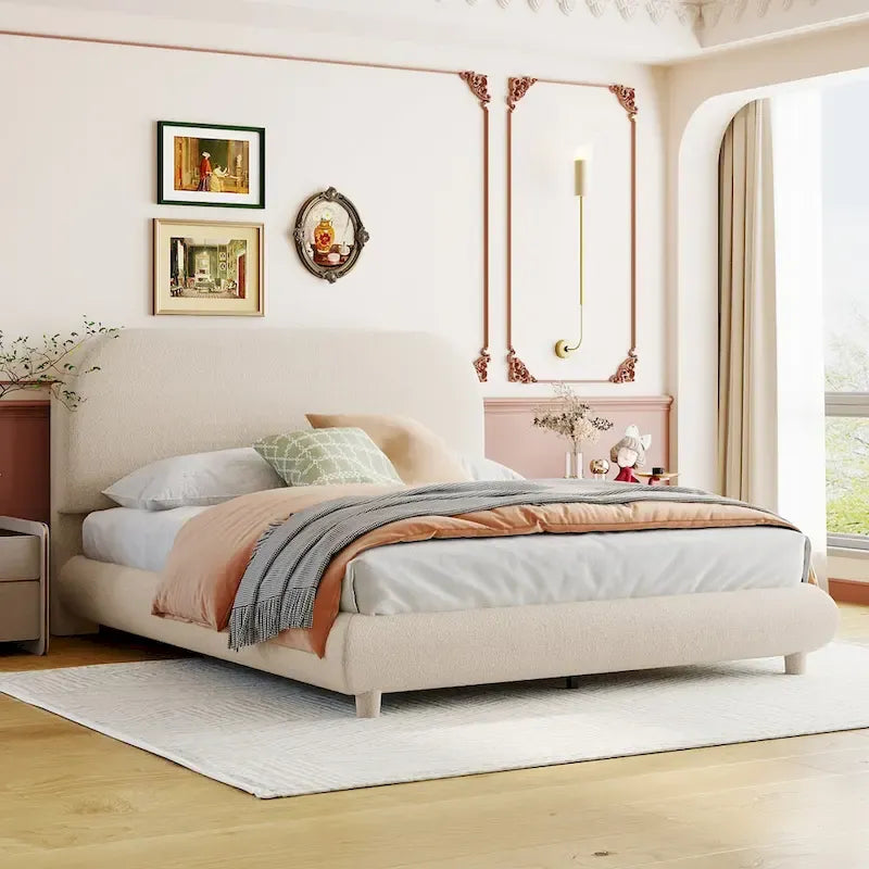 Lit plateforme rembourré pleine grandeur en molleton Teddy avec tissu épais, cadre solide et design élégant en forme de courbe