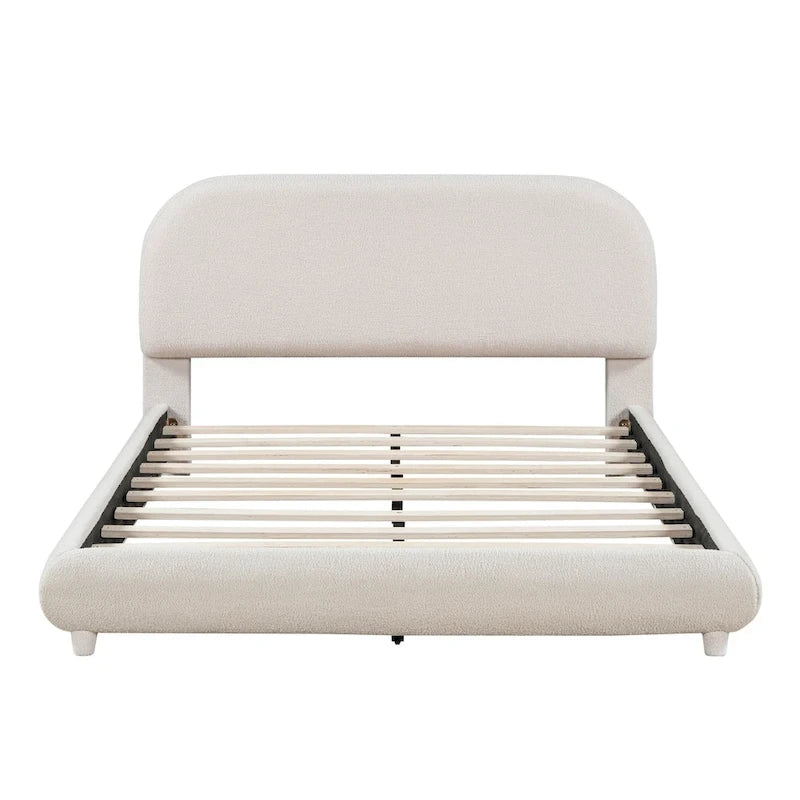 Lit plateforme rembourré pleine grandeur en molleton Teddy avec tissu épais, cadre solide et design élégant en forme de courbe