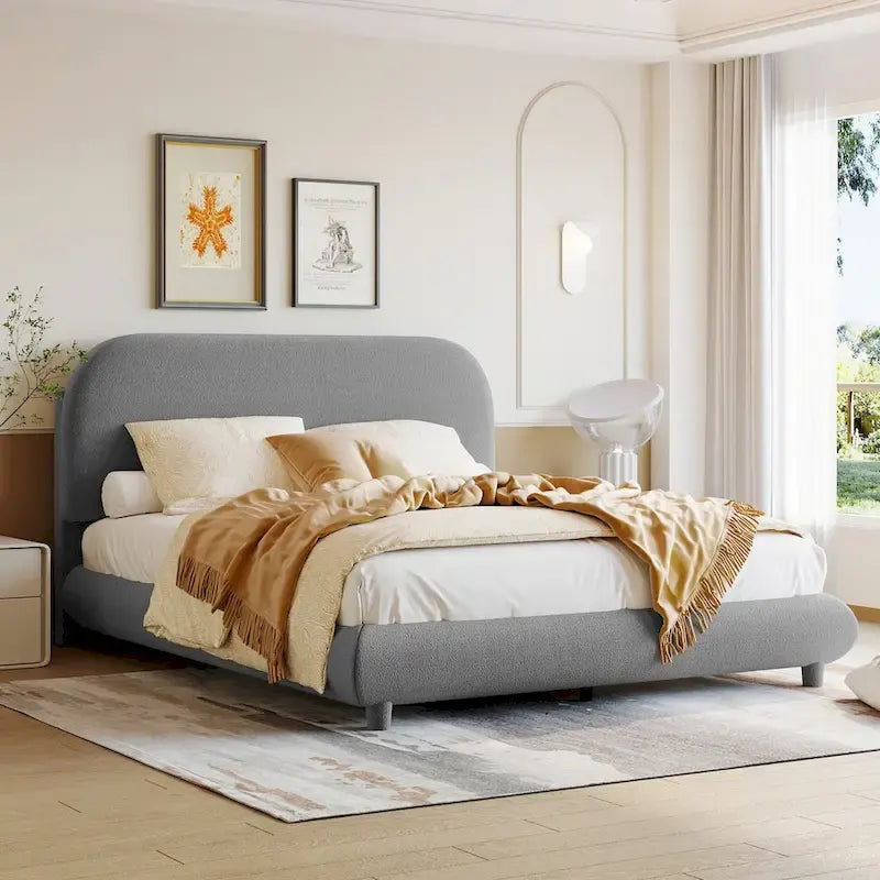 Lit plateforme rembourré pleine grandeur en molleton Teddy avec tissu épais, cadre solide et design élégant en forme de courbe