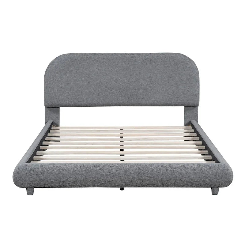 Lit plateforme rembourré pleine grandeur en molleton Teddy avec tissu épais, cadre solide et design élégant en forme de courbe