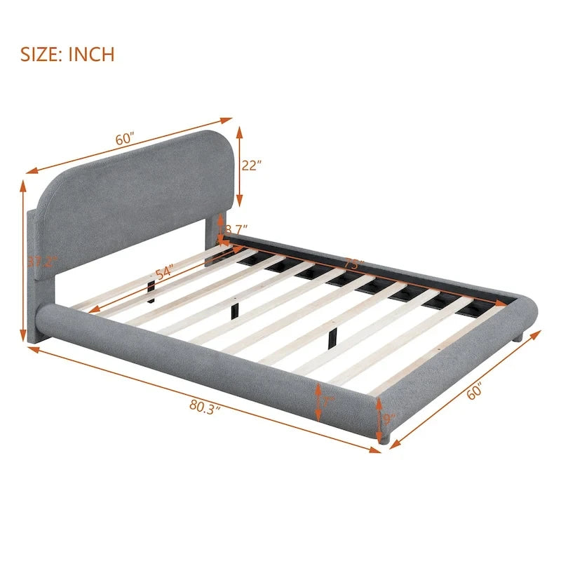 Lit plateforme rembourré pleine grandeur en molleton Teddy avec tissu épais, cadre solide et design élégant en forme de courbe