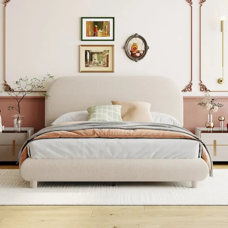 Lit plateforme rembourré pleine grandeur en molleton Teddy avec tissu épais, cadre solide et design élégant en forme de courbe