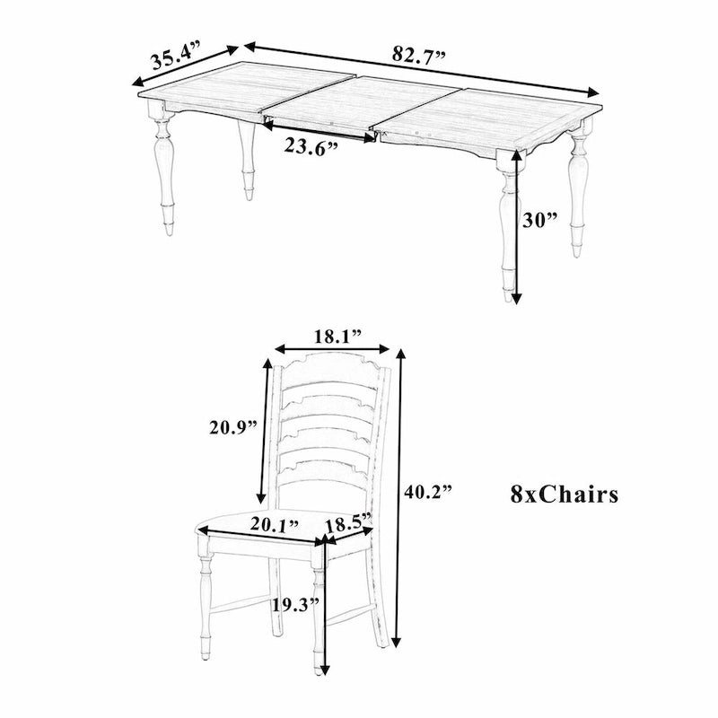 Ensemble de salle à manger extensible 9 pièces avec rallonge amovible et 8 chaises rembourrées