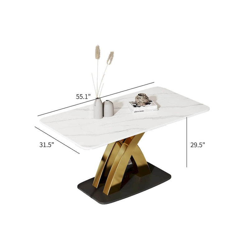 Table à manger rectangulaire moderne blanche, plateau en pierre frittée, pieds dorés en forme de X