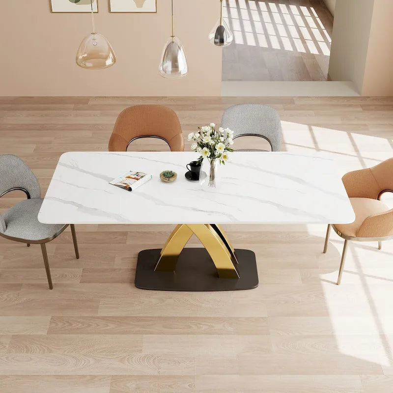 Table à manger rectangulaire moderne blanche, plateau en pierre frittée, pieds dorés en forme de X