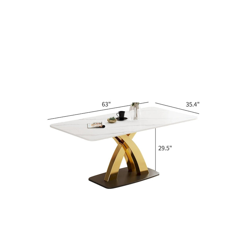 Table à manger rectangulaire moderne blanche, plateau en pierre frittée, pieds dorés en forme de X