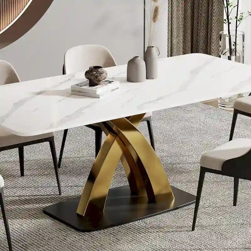 Table à manger rectangulaire moderne blanche, plateau en pierre frittée, pieds dorés en forme de X