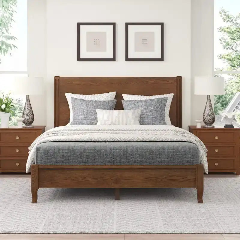 Solid Wood Panel Platform Bed with Headboard, Double Size Beds Wooden Rustic Bed Frame Bedroom Furniture