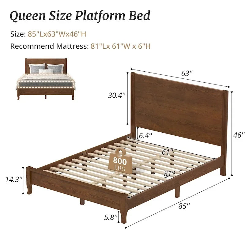 Lit plateforme en panneaux de bois massif avec tête de lit, lits doubles rustiques en bois, cadre de lit, mobilier de chambre à coucher