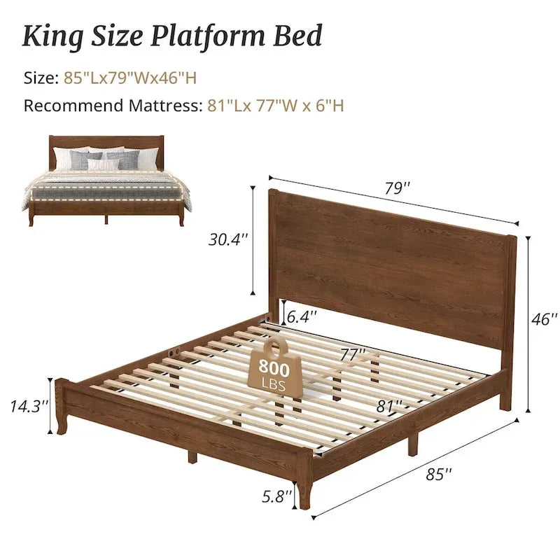 Lit plateforme en panneaux de bois massif avec tête de lit, lits doubles rustiques en bois, cadre de lit, mobilier de chambre à coucher
